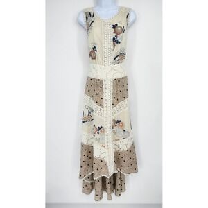 Sleeveless Floral Patchwork Maxi Dress in Cream and Tan